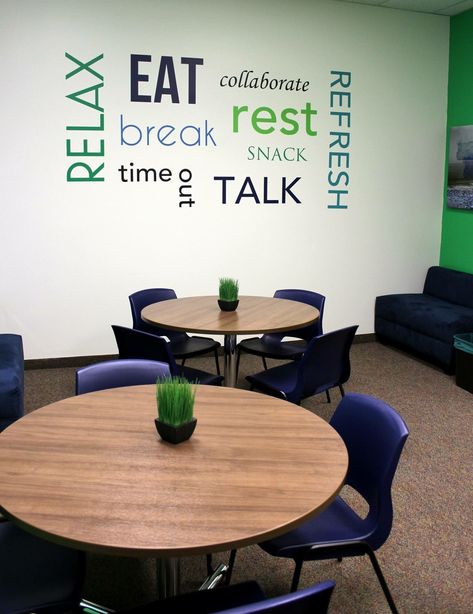 Corporate Lunchroom Mural Lunch room, Corporate office design, Office Office Lunchroom Ideas, Lunch Room Design, Staff Room Ideas, Staff Lounge, Glass Garage, Office Waiting Rooms, School Improvement, Bathroom Lounge, Glass Garage Door