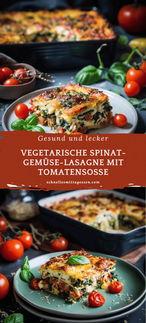 Vegetarische Spinat-Gemüse-Lasagne mit Tomatensoße - Schnelles Mittagessen Veggie Lasagne, Meal Prep, Dinner Recipes, Food And Drink, Pasta