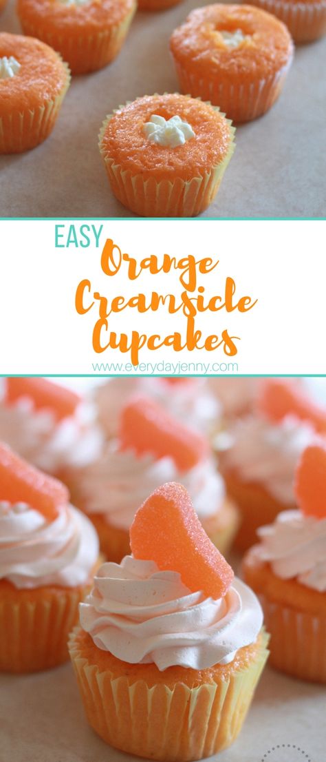 ORANGE SODA CREAMSICLE CUPCAKES | EVERYDAY JENNY Orange Creamsicle Cupcakes, Soda Cupcakes, Cupcakes Cute, Cake Mix Cupcakes, Creamsicle Cake, Summer Cupcakes, Icing Recipes, Orange Cupcakes, Cake Mixes