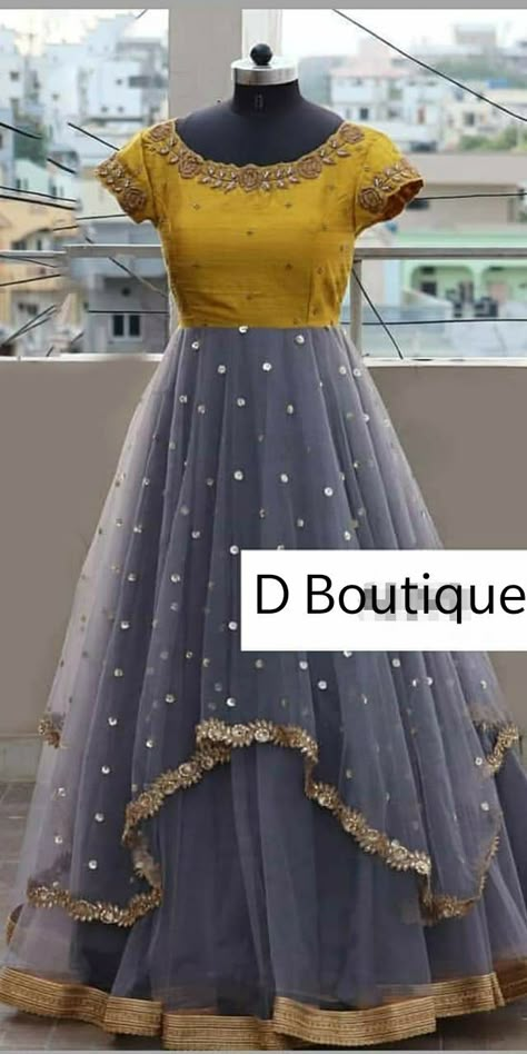 Grey n yellow net n raw silk anarakali To buy contact me on 8886888995 Net Long Dress Designs, Raw Silk Long Frocks Indian, Long Frocks With Silk Sarees, Net Anarkali Dress Pattern, Work Frocks For Women, Net Chudithar Design, Long Frocks Net Cloth, Net Cloth Long Frocks, Space Silk Long Frock