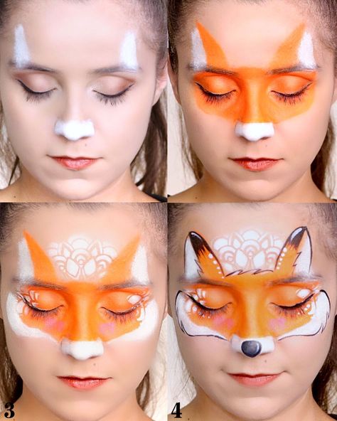 Mandala Fox face paint step by step. Watch the face paint tutorial on YouTube. Link is attached. Face Painting Design Board, Woodland Animal Face Paint, Face Paint Step By Step Easy, Face Paint Tutorial Step By Step, Face Painting How To Step By Step, Harvest Face Painting Ideas, Step By Step Face Painting Easy, Face Painting Step By Step Easy, Fox Face Paint Easy