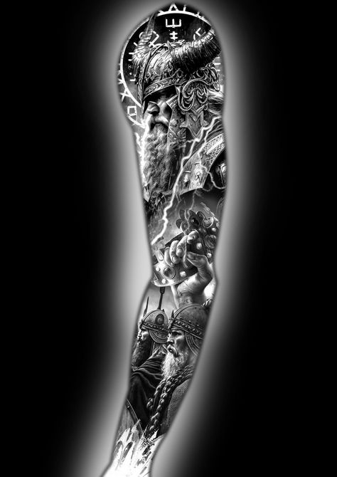 Vikings Full Sleeve Tattoo, Vikings Arm Tattoo, Vikings Tattoo Sleeve, Viking Battle Tattoo, Odin Tattoo Design Norse Mythology, Sleeve Tattoos Viking, Viking Tattoo Designs Men, Viking Leg Sleeve, Norse Sleeve Tattoo