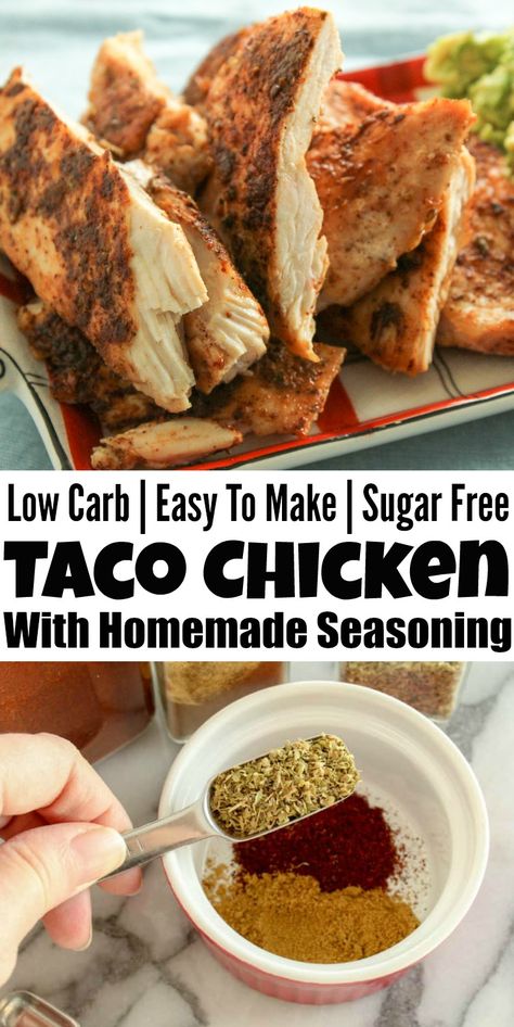 Low Carb Taco Chicken - With Sugar Free Homemade Taco Seasoning! #tacorecipes #tacochicken #tacoseasoning #chickenrecipes #lowcarbrecipes #lowcarb #tacotuesday Stylish Cravings, Freezing Cooked Chicken, Low Carb Taco, Taco Chicken, Taco Seasoning Recipe, Chicken Taco Recipes, Low Carb Tacos, Dinner Salad, Chicken Taco