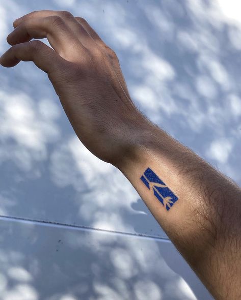 Blue Stamp Tattoo, Blue Tattoo Men, Lotus Tile Tattoo, Small Blue Tattoo, Matching Wrist Tattoos, Line Tattoos Men, Square Tattoos, Traveler Tattoos, Small Travel Tattoos