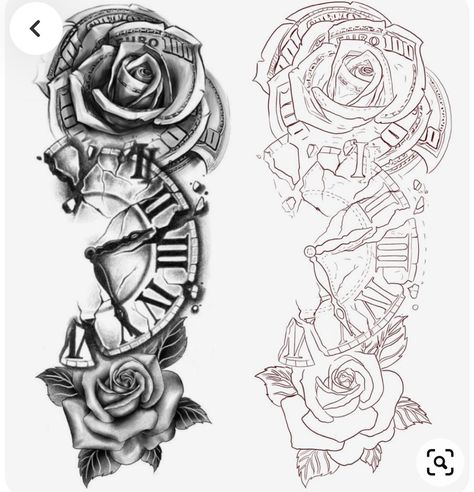 Tattoo Stencils For Men, Clock And Rose Tattoo, Half Sleeve Tattoo Stencils, Mama Tattoo, Half Sleeve Tattoos Drawings, Rose Tattoos For Men, Sleeve Tattoos For Guys, Pretty Hand Tattoos, Muster Tattoos