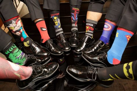 Groomsmen in dress shoes and slacks with superhero theme socks hulk spiderman superman batman more Marvel Wedding Suit, Avengers Themed Wedding, Marvel Wedding Decorations, Avengers Wedding Theme, Superhero Prom, Marvel Wedding Ideas, Super Hero Wedding, Super Hero Wedding Theme, Marvel Groomsmen Proposal