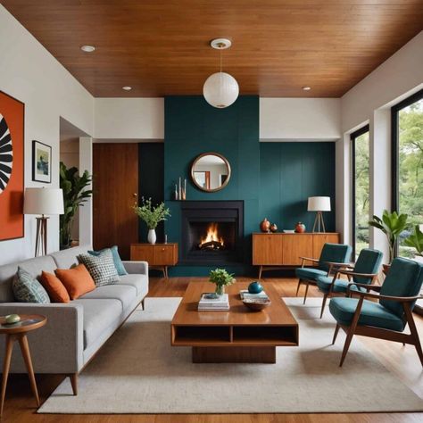 Board And Batten Wall Mid Century Modern, American Mid Century Interiors, Coloured Living Room Ideas, Teal Mid Century Modern Living Room, Madmen Living Room, Mcm Inspired Living Room, Midcentury Modern Color Palette Living Room, Midcentury Modern Interior Paint Colors, Dark Mcm Living Room