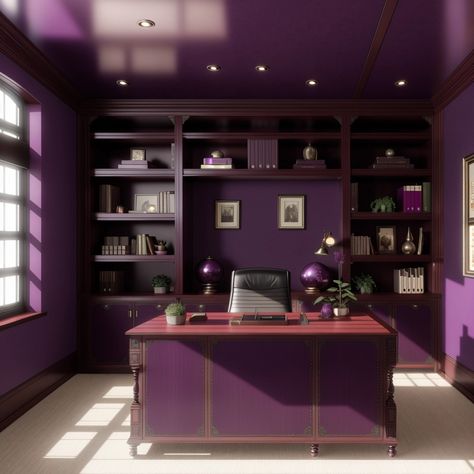 Purple work office room design. Colors, Canonical aubergine. Beautiful interior design. Follow us and visit our site for more amazing content! #crafts #artwork #sketchbook #minimalist #digitalart #interior #homedecor #boho #prompt #photo #diffusion #creative #modern #interiordesign #watercolor Purple And Grey Office Ideas, Purple And Gold Office, Dark Purple Office, Purple Library, Purple Office Ideas, Modern Gothic Interior, Purple Home Office, Sims Bedroom, Library Vibes