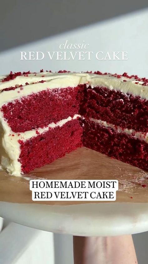 Julie Marie Eats is sharing how to make the best red velvet cake for your next gathering. The delicious layers of moist red velvet cake sandwiched together with a smooth cream cheese frosting that will take straight to dessert paradise. It is the perfect cake for your next birthday party. Follow for more homemade cake recipes and easy dessert recipes for the summer. Red Velvet Cake With Sour Cream, Red Velvet Recipes Easy, Homemade Red Velvet Cake Recipe From Scratch, Red Velvet Cake Recipe From Scratch, Red Velvet Layer Cake, Moist Red Velvet Cake, Homemade Red Velvet Cake, Best Red Velvet Cake, Velvet Recipes