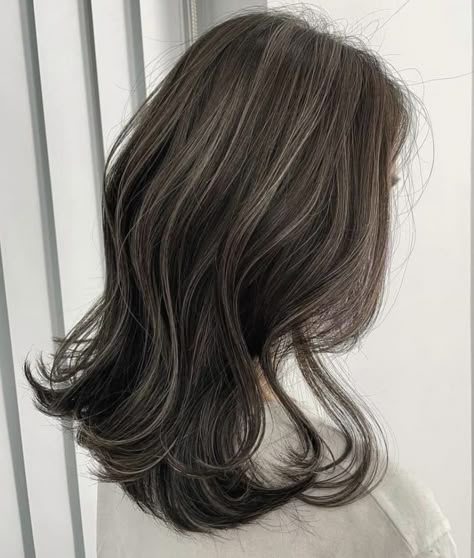 Textured Layers Haircut, Light Highlights For Black Hair, Highlight Inspo For Dark Hair, Layered Black Hair With Highlights, Black Hair With Brown Highlights Asian, Dark Brown With Cool Tone Highlights, Layered Hair With Highlights Brunettes, Smokey Beige Balayage, Ash Beige Highlights On Dark Hair