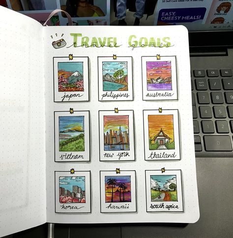 Bujo Places To Travel, Journal Places To Travel, Places To Travel Scrapbook, Travel Aesthetic Journal, Sketch Book Travel, Drawing Ideas Travel, Places To Go Journal, Vietnam Travel Journal, Places To Travel Journal Page