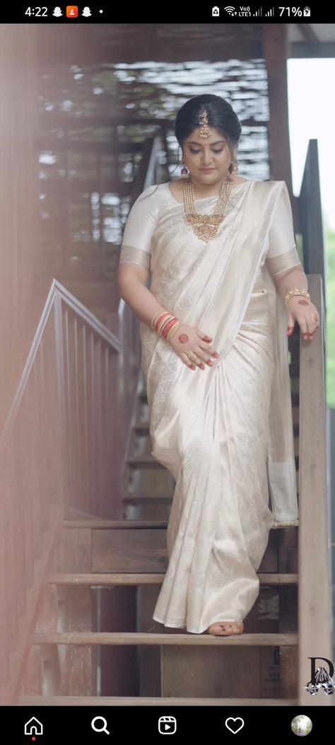 Saree Style For Plus Size Women, Plus Size Brides Hairstyle, Curvy Indian Bride, White Saree Wedding South Indian, Plus Size Brides Indian, Blouse For Plus Size Women Saree, Chubby Girl In Saree, Saree Poses For Chubby Women, Blouse Design For Fat Lady