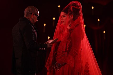 Kat Von D Wedding, Red Bridal Gown, Crimson Wedding, Goth Wedding Dresses, Dramatic Veil, Red Goth, Red Wedding Dress, Goth Wedding, Red Wedding Dresses