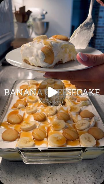 BRITSCOOKIN on Instagram: "Banana Cheesecake Delight!

Crust
11oz box vanilla wafers
¼ cup brown sugar
1 ½ sticks salted butter

Pudding
2 3.4 oz boxes vanilla pudding
3 cups cold milk 
½ tsp or more of rum extract (optional)

Garnish
Nilla wafers
Bananas 
Caramel
Nuts 

1 container no bake cheesecake
4 fresh bananas 
8oz cool whip

Prepare the crust and press it into a 13x9 dish. Chill in the refrigerator for 10 minutes. Next, add the no-bake cheesecake filling. Slice bananas and place them on top of the cheesecake filling. Prepare the pudding - it should have a thick consistency. Spread the pudding over the bananas. Finish by adding whipped topping and garnish as desired." Banana Pudding Delight, Banana Cheesecake Pudding, Banana No Bake Cheesecake, No Bake Banana Cheesecake, Banana Pudding Cheesecake No Bake, Banana Pudding Cheesecake Recipe, Banana Cheesecake Recipe, Banana Pudding Cheesecake Delight, No Bake Banana Pudding Cheesecake