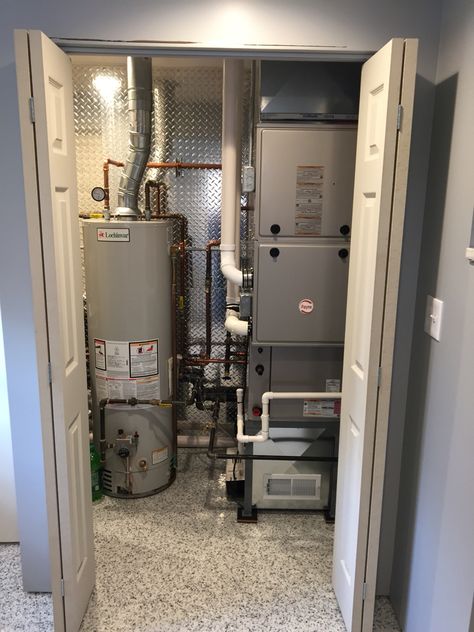 Mechanical room Furnace Closet Ideas, Home Mechanical Room, Laundry Mechanical Room, Laundry And Mechanical Room Ideas, Laundry Room With Furnace, Basement Mechanical Room Ideas, Mechanical Room Ideas Basements, Furnace Cover Ideas Wall, Oil Tank Cover Ideas Basement