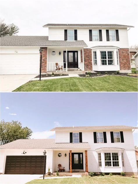 Over 20 Painted Brick and Stone Transformations! - Nesting With Grace Brick And Siding Exterior, Painted Brick House Exterior, Painted Brick Exteriors, Remodel Farmhouse, Exterior House Renovation, Painted Brick House, White Siding, Type Of Paint, Exterior House Remodel