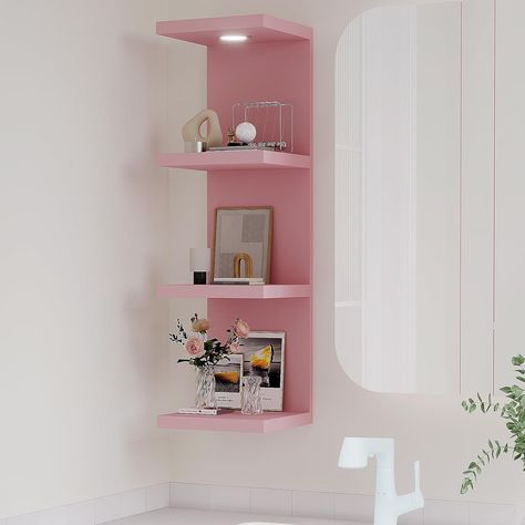 PRICES MAY VARY. FLOATING LACK WALL SHELF — Versatile 4-tier wall Shelf Unit in a crisp and timeless Pink finish—the perfect addition to elevate your home decor. Display charming showpieces, decorative items, and other prized possessions while offering functional storage with square-shaped display shelves — Enhance décor and fill in empty wall space above a desk, fireplace, entryway, vanity, child bedroom, between windows, and so much more. DECORATE & DISPLAY FLOATING SHELVES WITH LIGHT—One of t Pink Acrylic Shelves, Bedroom Makeup Station Floating Shelves, Shelving Living Room Wall, Light Up Shelf, Cute Stuff For Bedroom, Above Bed Decorations, Light Pink Aesthetic Room Decor, Cute Bathroom Shelf Decor, Pink Entryway Ideas