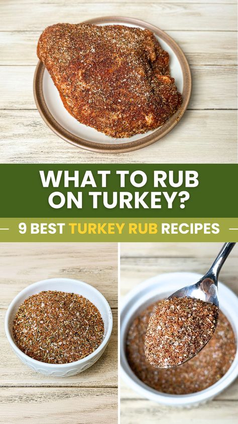 Three image collage of turkey covered in herb seasoning and dry rub for smoked turkey in a white bowl and a teaspoon. Turkey Rub Recipes Thanksgiving, Dry Rub For Turkey, Best Turkey Rub Recipe, Smoked Turkey Rub Recipes, Smoked Turkey Rub, Turkey Rub Recipes, Thunder Chicken, Turkey Rub, Turkey Brine Recipes