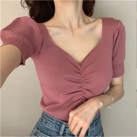 Lomond - Puff-Sleeve V-Neck Short-Sleeve Cropped Knitted Shirt Vintage Velvet Dress, Top And Jeans, Female Girl, Collars For Women, Knitted Tshirt, Korean Outfits, Party Dresses For Women, Alibaba Group, Fashion Tops