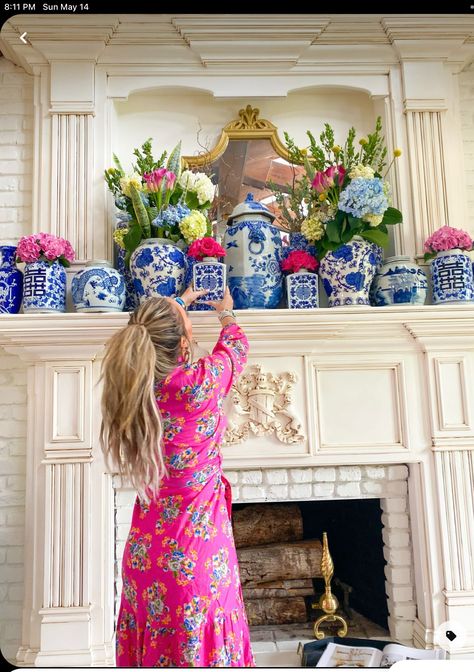 Blue White Pink Living Room, Chinoiserie Mantel Decor, Chinoiserie Floral Arrangement, Pink Home Accents, Blue And White Chinoiserie Decor, Chinoiserie Chic Living Room, Sue Sartor, Chinoiserie Living Room, Fireplace Painted