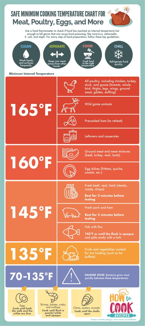 Safe Minimum Cooking Temperature Chart for Meat, Poultry, Eggs, and More | How To Cook.Recipes Meat Cooking Temperatures, Meat Temperature Chart, Cooked Chicken Temperature, Chicken Temperature, Ground Chicken Meatballs, Braised Chicken Breast, Chicken Shawarma Recipe, Temperature Chart, Seared Chicken Breast