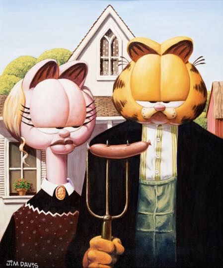 Garfield Painting, American Gothic Painting, American Gothic Parody, Mona Lisa Parody, Grant Wood, Art Masterpieces, American Gothic, Art Parody, Famous Artwork