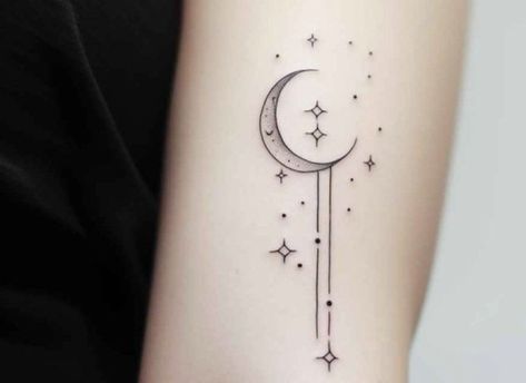 To The Moon And Stars Tattoo, Moon And Stars Tattoo Designs For Women, Tattoo Moon And Stars, Moon And Star Tattoo, Feminine Moon Tattoo, Brother Tattoo, Moon And Stars Tattoo, Moon Star Tattoo, Celestial Tattoo