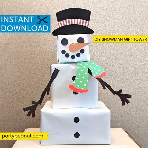 Snowman Gift Tower, Diy Snowman Gifts, Snowman Wrapping, Snowman Template, Box Snowman, Gift Boxes Christmas, Polar Plunge, Hamper Ideas, Printable Snowman