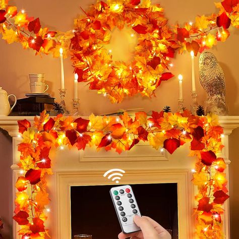 PRICES MAY VARY. FALL GARLAND WITH STRING LIGHTS: OCATO 2Pcs 5.74FT fall decor garland with 1Pcs 13FT string lights, long enough to wrap around, light up so nicely, make fall leaves look more realistic & vibrant, give the exact vibe your were hoping for holiday decor! USB Plug-in Design, never dim in a month, no need expend many batteries, endless use & cost-effective. Adaptable to power bank, Laptop, USB Socket & Cellphone Charger, easy to meet your fall decorations for home. 8 LIGHTING MODES W Thanksgiving Decorations For Home, Garland Leaves, Outdoor Fall Decorations, Table Fall Decor, Fall Decorations For Home, Thanksgiving Garland, Fall Harvest Party, Home Table Decor, Fall Leaf Garland