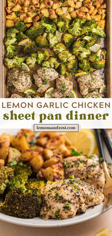 This simple dinner comes together on one pan! Sheet Pan Lemon Chicken and Broccoli along with crispy parmesan potatoes is a complete meal--with such little effort! This dinner recipe is one the whole family will beg for every week! Sheet Pan Chicken Recipes, Sheet Pan Lemon Chicken, Pan Lemon Chicken, Garlic Lemon Chicken, Broccoli Dinner, Baked Orange Chicken, Crispy Parmesan Potatoes, Sheet Pan Meals Chicken, Broccoli And Potatoes