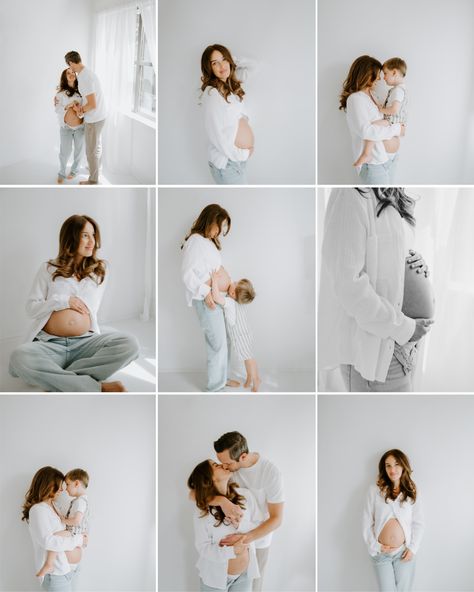 Family Studio Maternity Shoot, Pregnancy Photos Indoor, All White Photography Studio, Maternity Shoot Ideas Indoor, White Shirt Maternity Photos, Pregnancy Shoot Indoor, Home Pregnancy Photoshoot Ideas, Simple Maternity Shoot At Home, Pregnancy Studio Photoshoot