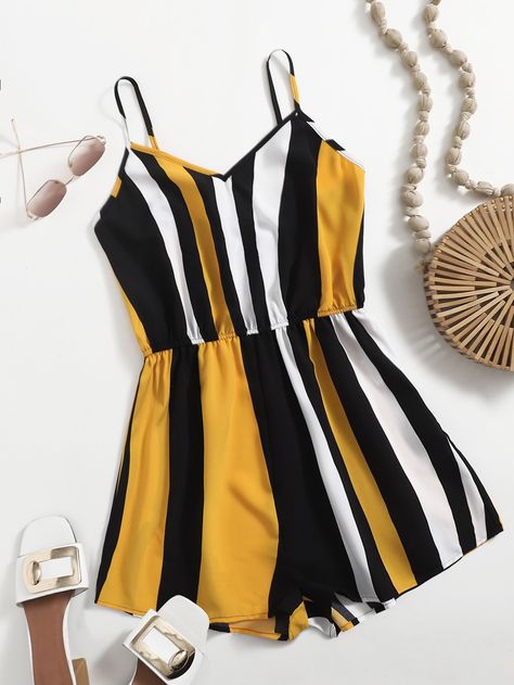 Multicolor Casual  Sleeveless Polyester Striped Cami Embellished Non-Stretch Summer Women Jumpsuits & Bodysuits Comfy Jumpsuits, Cami Romper, Traje Casual, Boho Patterns, High Waist Bottoms, Rompers Women, Stripe Print, Jumpsuits For Women, Summer Women