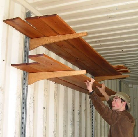 Picture of Quick and Easy Shelves for Shipping Container Shipping Container Storage Ideas, Container Shelving, Container Foundation, Container Workshop, Shipping Container Workshop, Patios Ideas, Shipping Container Storage, Chic Chalet, Shelving Wall