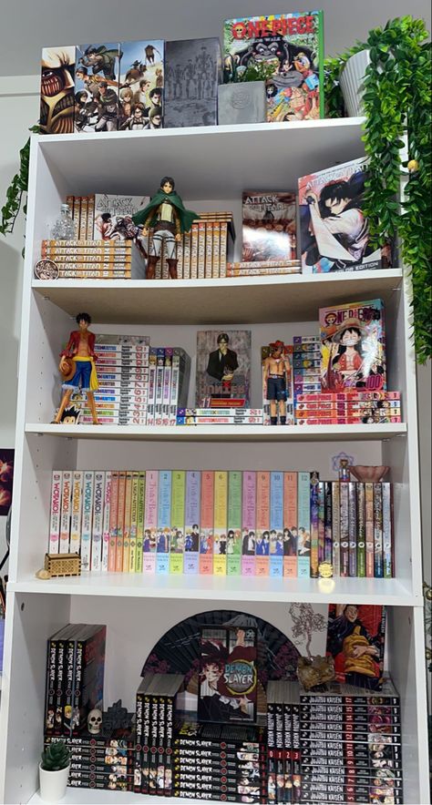 Anime Display Ideas, Manga Collection Room Aesthetic, Anime Bookshelf, Manga Shelf Ideas, Otaku Room Aesthetic, Manga Shelving, Book And Bed, Manga Shelves, Manga Room