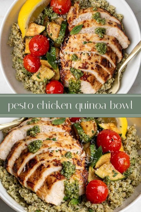 These quick and easy pesto chicken quinoa bowls are full of protein and fiber and perfect for a healthy lunch or dinner. They are also great for meal prep as they keep well in the fridge and freezer. Pesto Chicken Quinoa Bowl, Chicken Quinoa Bowl, Chicken With Italian Seasoning, Chicken Quinoa, Quinoa Bowl, Grilling Chicken Breast, Balanced Meals, Bowl Recipe, Pesto Chicken