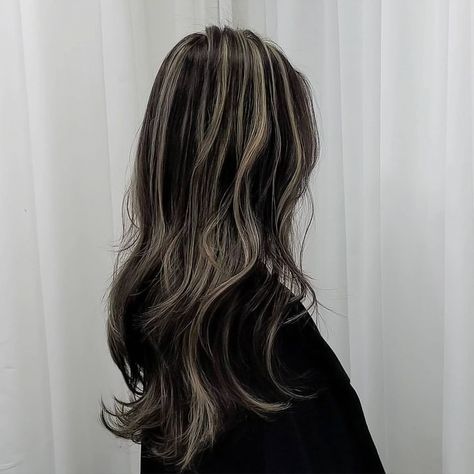 Y2k Highlights Hair Short, Black Hair Hair Dye Ideas, Long Layered Hair Highlights, Chunky Highlights With Shadow Root, Blond Black Highlights, Brunette Hair Hazel Eyes Pale Skin, Hair Inspo Color Layers, Blonde Ends On Brown Hair Short, Skunk Hair Layered