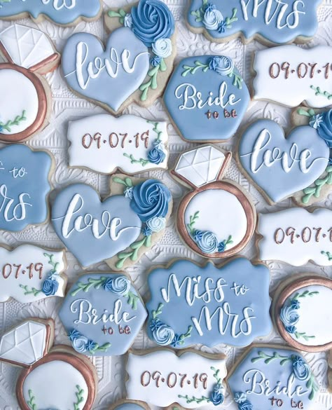 Steel Blue Bridal Shower Ideas, Dusty Blue And Sage Green Bridal Shower Decorations, Blue And White Bridal Shower Cookies, Blue Wedding Cookies Decorated, Dusty Blue Desserts, Dusty Blue Wedding Cookies, Bridal Shower Ideas Dusty Blue, Something Blue Before I Do Cookies, Something Blue Bridal Shower Cookies