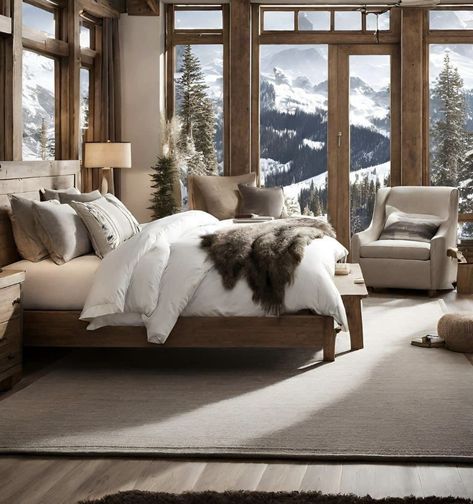 Cabin Bedroom Aesthetic, Alpine Bedroom, Mountain Home Bedroom, Ranch Style Decor, Mountain Bedroom, Mountain Dream Homes, Mountain Home Interiors, Cabin Aesthetic, Chalet Interior