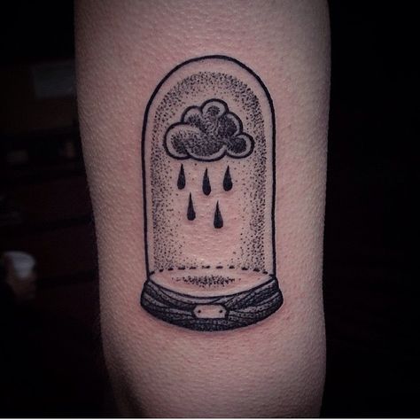 Tattoo of a glass dome and a rain cloud by Susanne König Suflanda Cloche Tattoo, Black Cloud Tattoo, Tattoo Bottle, Clouds And Rain, Tattoo Salon, Serpent Tattoo, Food Tattoos, Wild Tattoo, Cloud Tattoo