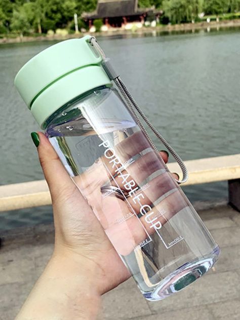 Green  Collar  PC Letter  Embellished   Kitchen & Dining Astetic Water Bottles, Cute Water Bottles For School, Aesthetic Bottle Water, Cute Big Water Bottles, Korean Bottle, Cute Water Bottles For Teens Clear, Green Water Bottle Aesthetic, Aesthetic Water Bottle, Metal Water Bottles