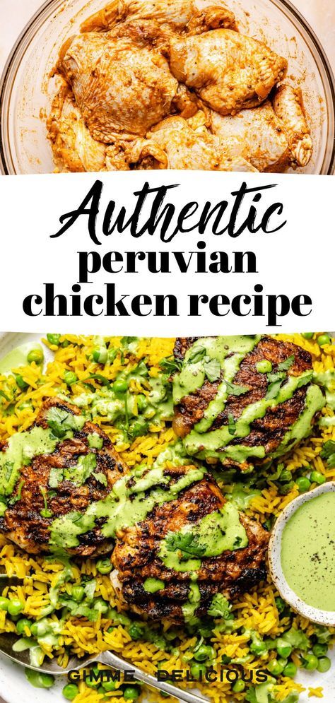 Peruvian Chicken and Rice with Green Sauce is a complete meal that’s loaded with incredible flavor! Marinated chicken thighs or breasts are grilled or baked (your choice!) to perfection. Served over seasoned Peruvian yellow rice and topped with a creamy green sauce for a dinner that’s sure to impress! Save this easy and healthy recipe from gimmedelicious.com to make for you and your family. Peruvian Slow Cooker Recipes, Chicken Thigh Summer Recipes, Peruvian Chicken Breast Recipe, Peruvian Dinner Recipes, Purvian Chicken Recipes, Peruvian Rice Recipes, Easy Peruvian Recipes, Peruvian Recipes Authentic, Peruvian Chicken And Rice