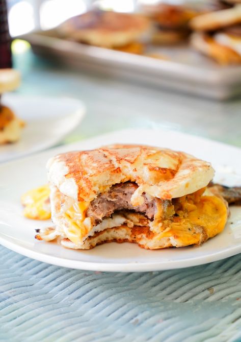 Homemade McGriddles on the Blackstone Biscuits On Blackstone Griddle, Blackstone Mcgriddle, Blackstone Breakfast Sandwich, Blackstone Grill Recipes Breakfast, Homemade Mcgriddles, Blackstone Breakfast, Outdoor Griddle Recipes, Griddle Cooking Recipes, Pancake Sausage