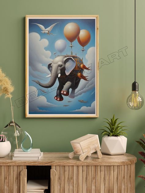 Surrealistic Painting, Elephant Printable, Surreal Painting, Art For Wall, Flying Elephant, Abstract Elements, Surrealism Painting, Printing Company, Types Of Printer