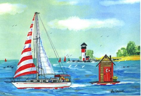 Outhouse sailor  Nautical painting of a sailboat by WmMacGregor, $18.49 Sailor Art, Funny Watercolor, Cabin Wall Decor, Nautical Painting, Work Art, Barn Wood Frames, Nautical Art, Sailing Yacht, Modern Traditional