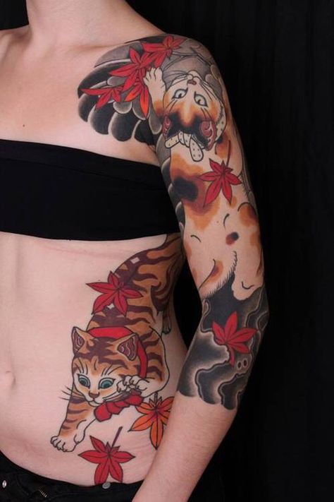 via Jackson Galaxy from Tumblr @killer cat tattoos Cat Yakuza Tattoo, Full Body Cat Tattoo, Japanese Sleeves, Small Japanese Tattoo, Tattoo Gato, Lucky Cat Tattoo, Japanese Tattoo Women, Kitty Tattoos, Live Tattoo