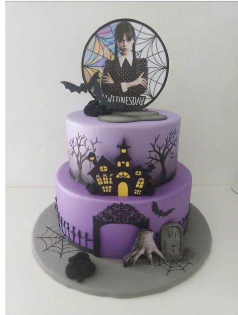 31 Wednesday Addams Cake Ideas to Get Your Goth On 2 Tier Wednesday Addams Cake, Diy Wednesday Addams Cake, Wendsday Adams Cake, Wednesday Addams Cakes, Pastel Merlina Addams, Wednesday Adams Cake Ideas, Wednesday And Enid Birthday Party, Wednesday Addams Birthday Party Cake, Adams Family Cake