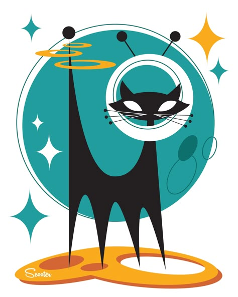 "Atomic Space Cat" is a mid-century modern styled high-quality print of a retro cat in space by the artist Scooter. All prints are professionally printed, packaged, and shipped. Choose from multiple sizes and mediums. Our Deluxe Prints are printed on Luster Fine Art paper and some sizes come Double Matted. All of our f Modern Cat Art, Instagram Banners, Atomic Art, Atomic Cat, Mid Century Cat, Modern Cat, Retro Cats, Atomic Age, Space Cat