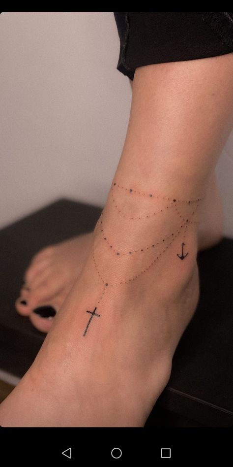 Cross Anklet Tattoo, Delicate Anklet Tattoo, Simple Ankle Bracelet Tattoo, Fine Line Rosary Tattoo, Elegant Ankle Tattoos For Women, Around Ankle Tattoos For Women, Classy Tattoos For Women Elegant Ankle, Ankle Rosary Tattoo, Rosary Tattoo Ankle