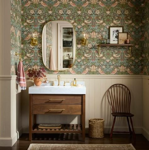 William Morris Wallpaper, Morris Wallpapers, Interior Design Resources, Metal Frame Mirror, Inspire Me Home Decor, Widespread Bathroom Faucet, Decor Shabby Chic, Renovation Design, Half Bathroom