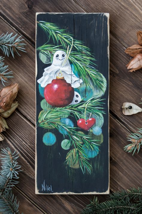 Christmas ghost wood sign, ghost on the Christmas tree festive hand painted wall art. Cute little ghosts playing on the Christmas tree. Hand-painted holiday decoration on old wooden board. Painted with acrylic paints and varnished with matte varnish. Christmas Ghost Painting, Ghost Painting, Rustic Painting, Christmas Ghost, Painted Wall Art, Ghost Art, Hand Painted Wall Art, Painted Wall, Craft Stuff